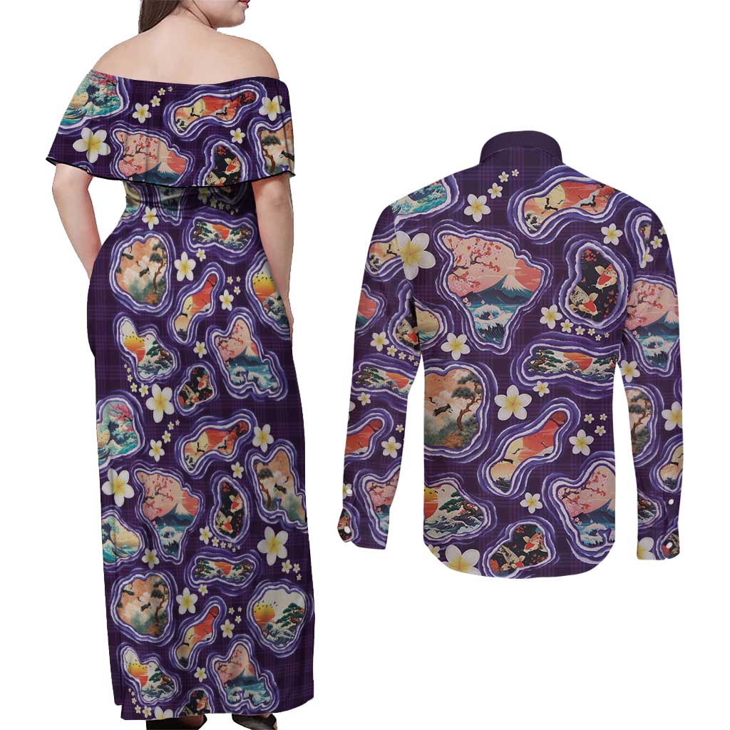 Hawaii Islands Map Design with Japanese Landscape Couples Matching Off Shoulder Maxi Dress and Long Sleeve Button Shirt Hawaiian Japan Fusion Art Purple Color LT03 - Polynesian Pride