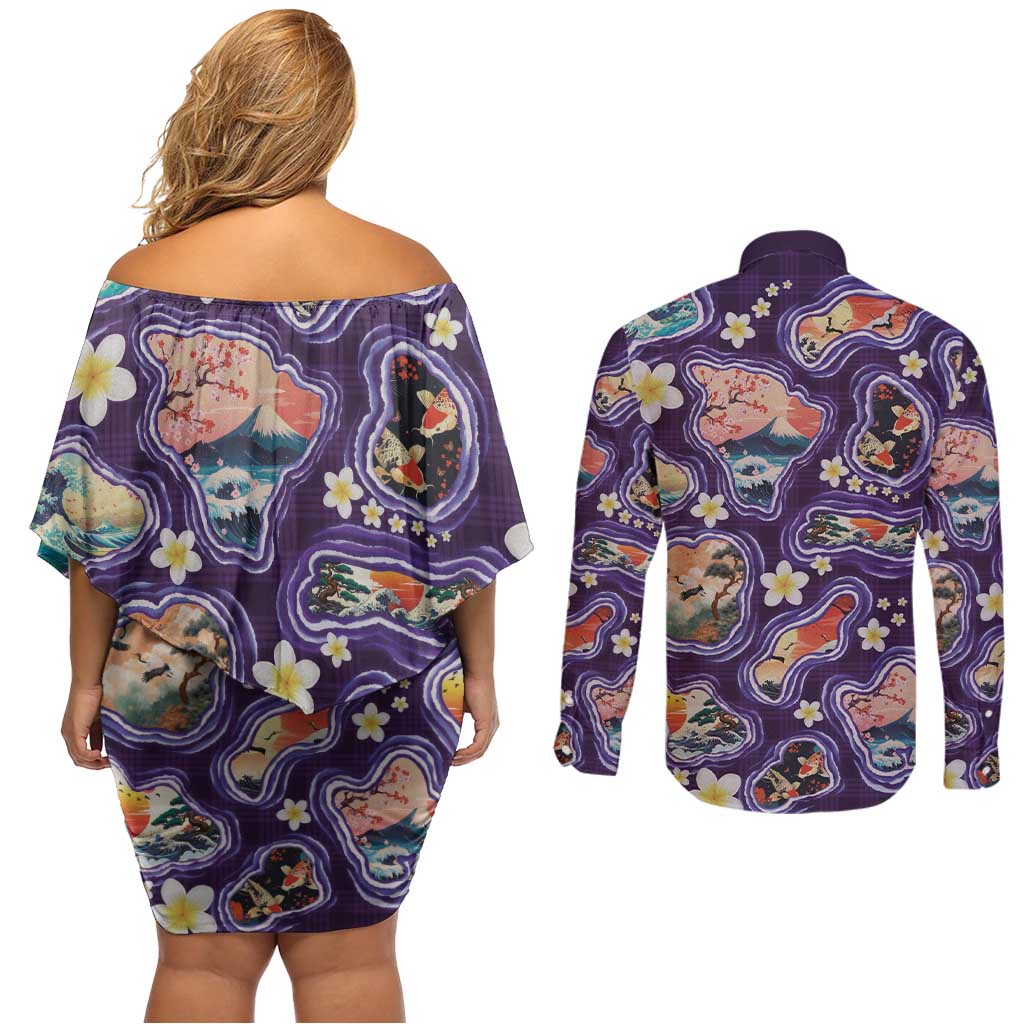 Hawaii Islands Map Design with Japanese Landscape Couples Matching Off Shoulder Short Dress and Long Sleeve Button Shirt Hawaiian Japan Fusion Art Purple Color LT03 - Polynesian Pride
