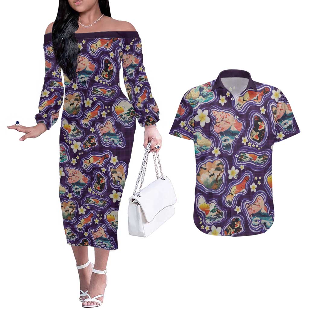 Hawaii Islands Map Design with Japanese Landscape Couples Matching Off The Shoulder Long Sleeve Dress and Hawaiian Shirt Hawaiian Japan Fusion Art Purple Color LT03 Purple - Polynesian Pride
