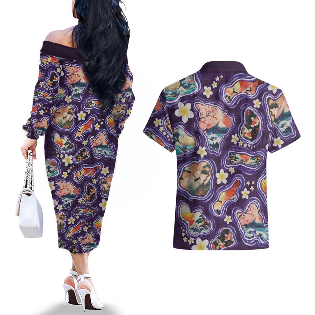 Hawaii Islands Map Design with Japanese Landscape Couples Matching Off The Shoulder Long Sleeve Dress and Hawaiian Shirt Hawaiian Japan Fusion Art Purple Color LT03 - Polynesian Pride