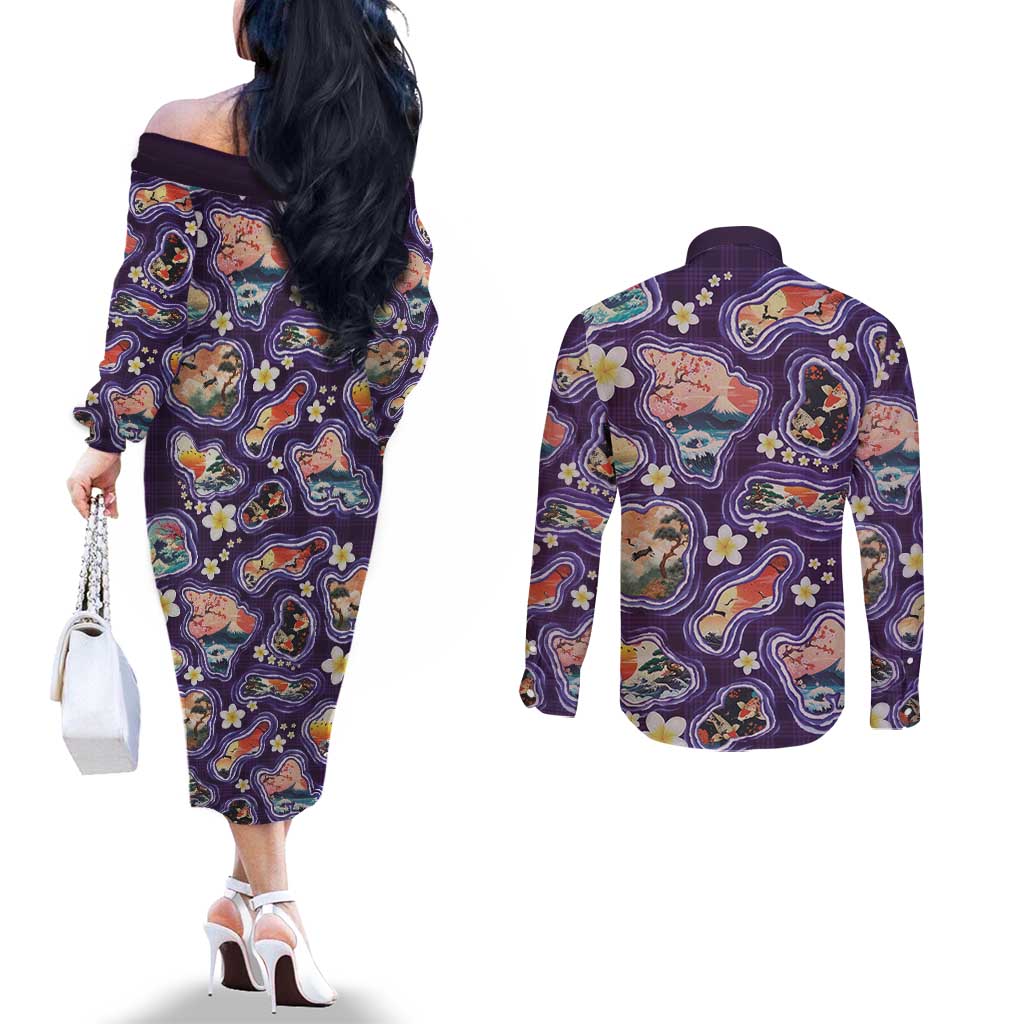 Hawaii Islands Map Design with Japanese Landscape Couples Matching Off The Shoulder Long Sleeve Dress and Long Sleeve Button Shirt Hawaiian Japan Fusion Art Purple Color LT03 - Polynesian Pride