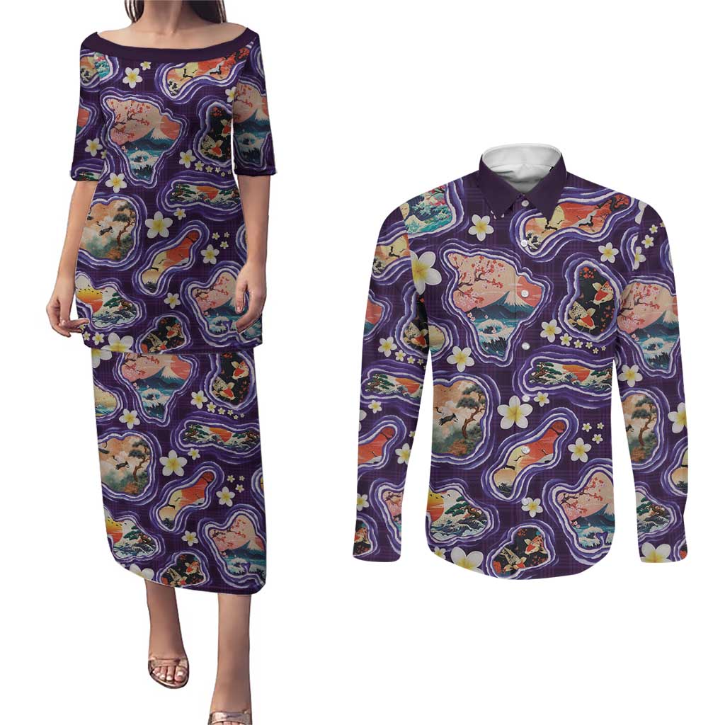 Hawaii Islands Map Design with Japanese Landscape Couples Matching Puletasi and Long Sleeve Button Shirt Hawaiian Japan Fusion Art Purple Color LT03 Purple - Polynesian Pride