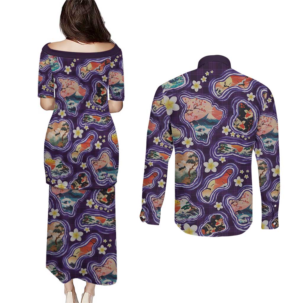 Hawaii Islands Map Design with Japanese Landscape Couples Matching Puletasi and Long Sleeve Button Shirt Hawaiian Japan Fusion Art Purple Color LT03 - Polynesian Pride