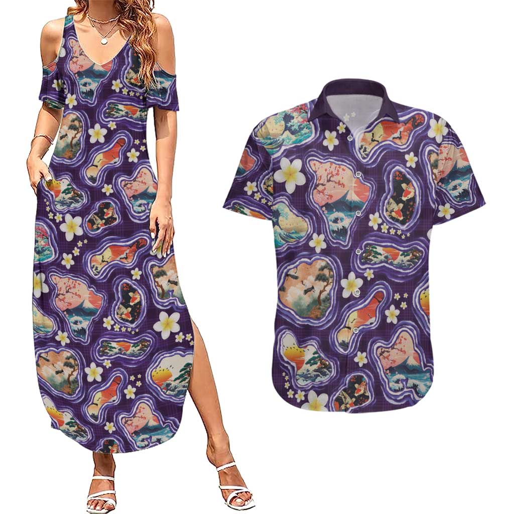 Hawaii Islands Map Design with Japanese Landscape Couples Matching Summer Maxi Dress and Hawaiian Shirt Hawaiian Japan Fusion Art Purple Color LT03 Purple - Polynesian Pride