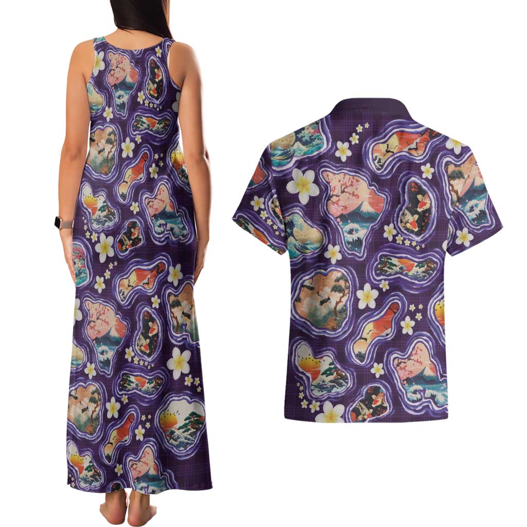 Hawaii Islands Map Design with Japanese Landscape Couples Matching Tank Maxi Dress and Hawaiian Shirt Hawaiian Japan Fusion Art Purple Color LT03 - Polynesian Pride