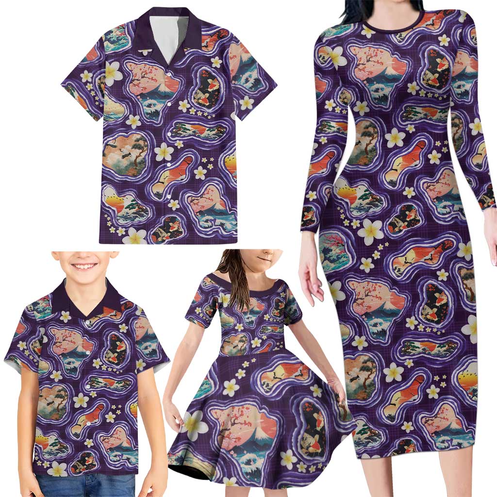 Hawaii Islands Map Design with Japanese Landscape Family Matching Long Sleeve Bodycon Dress and Hawaiian Shirt Hawaiian Japan Fusion Art Purple Color LT03 - Polynesian Pride