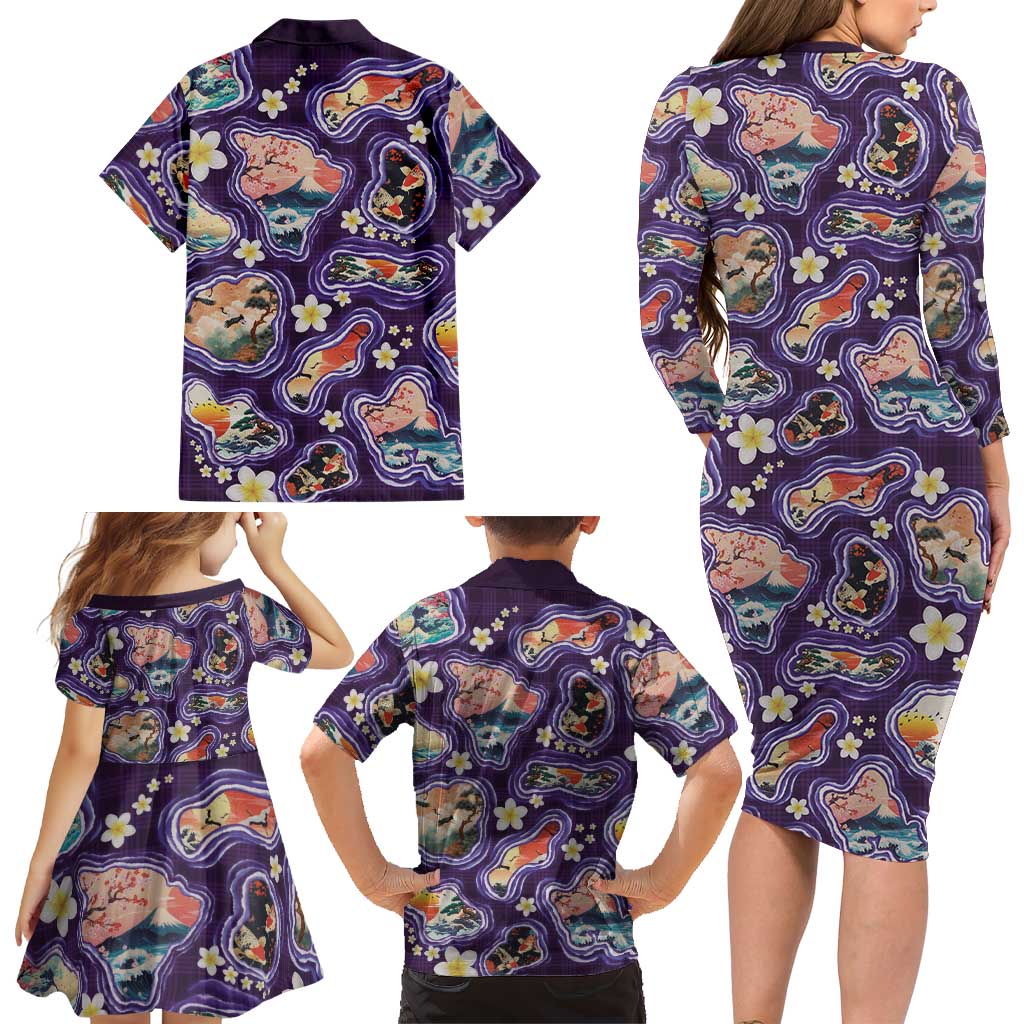 Hawaii Islands Map Design with Japanese Landscape Family Matching Long Sleeve Bodycon Dress and Hawaiian Shirt Hawaiian Japan Fusion Art Purple Color LT03 - Polynesian Pride