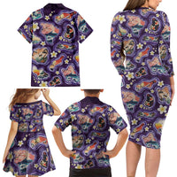 Hawaii Islands Map Design with Japanese Landscape Family Matching Long Sleeve Bodycon Dress and Hawaiian Shirt Hawaiian Japan Fusion Art Purple Color LT03 - Polynesian Pride
