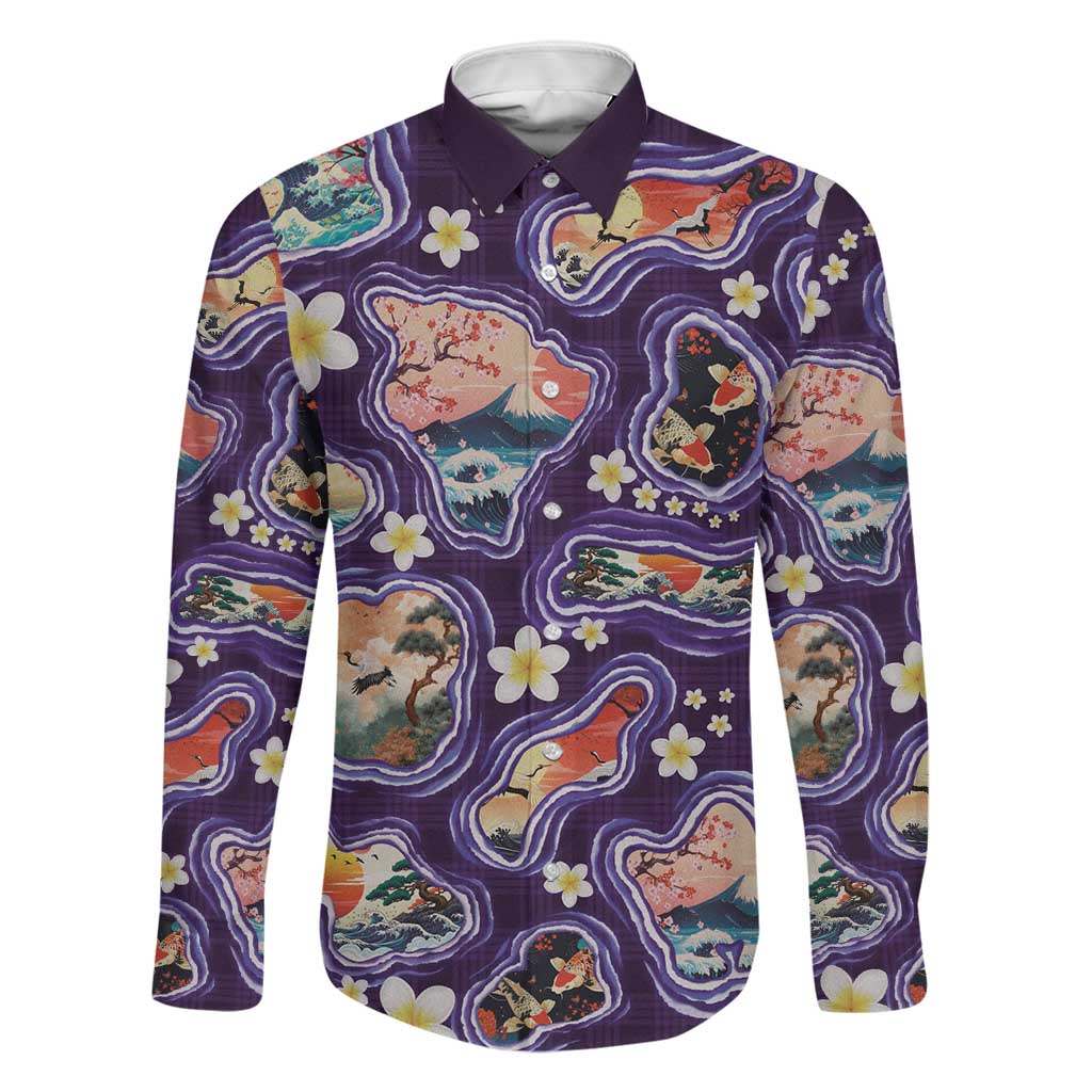 Hawaii Islands Map Design with Japanese Landscape Family Matching Long Sleeve Bodycon Dress and Hawaiian Shirt Hawaiian Japan Fusion Art Purple Color LT03 Dad's Shirt - Long Sleeve Purple - Polynesian Pride