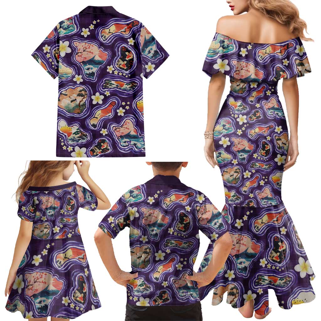 Hawaii Islands Map Design with Japanese Landscape Family Matching Mermaid Dress and Hawaiian Shirt Hawaiian Japan Fusion Art Purple Color LT03 - Polynesian Pride