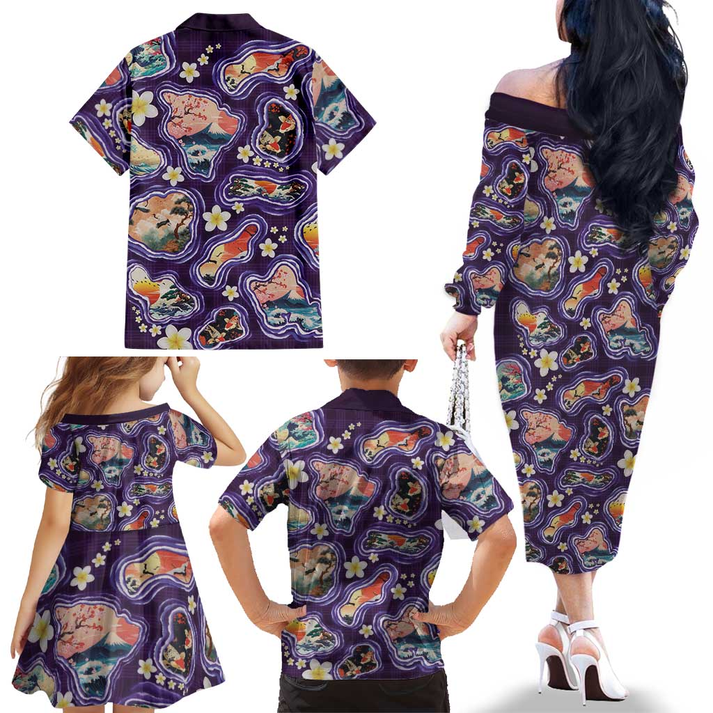 Hawaii Islands Map Design with Japanese Landscape Family Matching Off The Shoulder Long Sleeve Dress and Hawaiian Shirt Hawaiian Japan Fusion Art Purple Color LT03 - Polynesian Pride