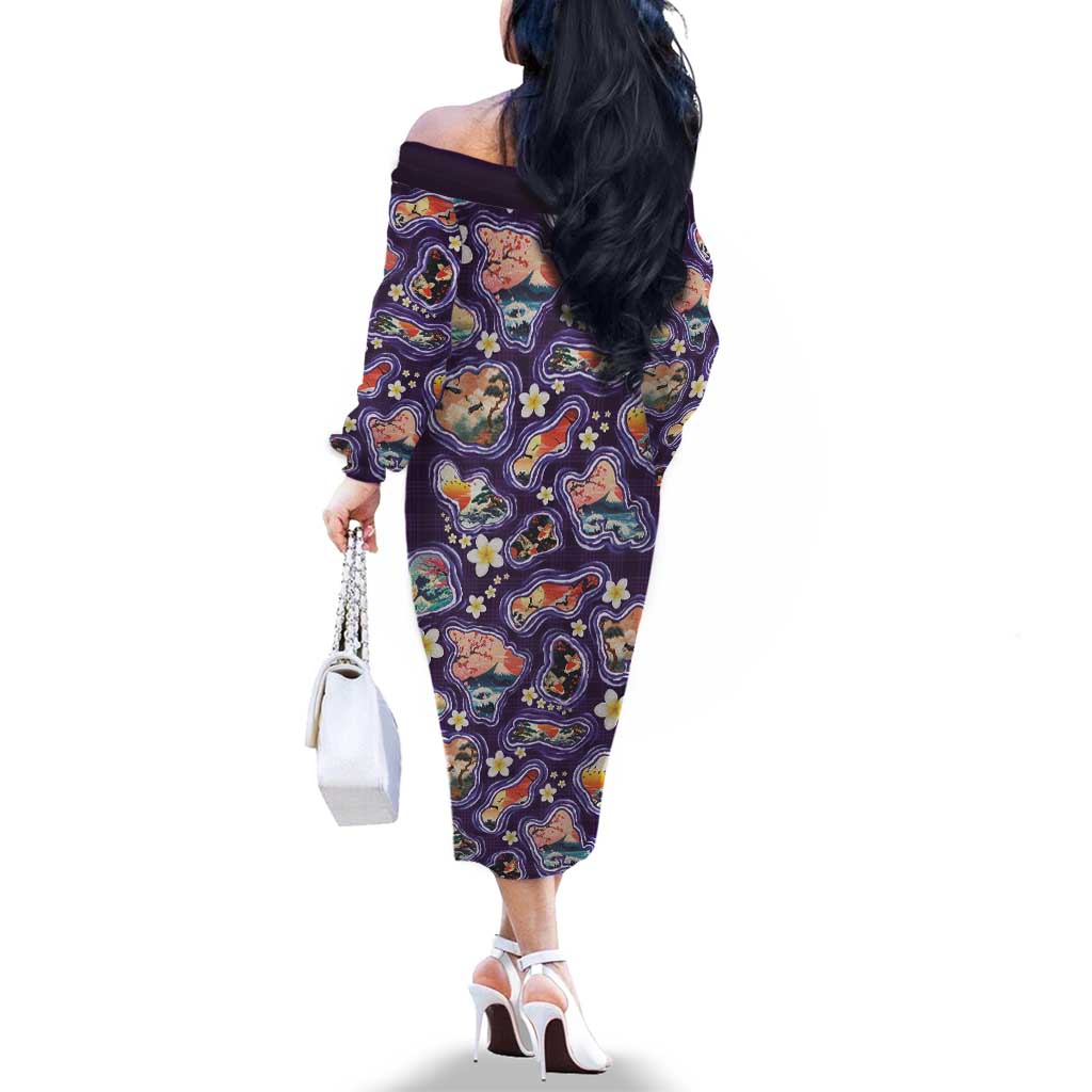 Hawaii Islands Map Design with Japanese Landscape Family Matching Off The Shoulder Long Sleeve Dress and Hawaiian Shirt Hawaiian Japan Fusion Art Purple Color LT03 - Polynesian Pride