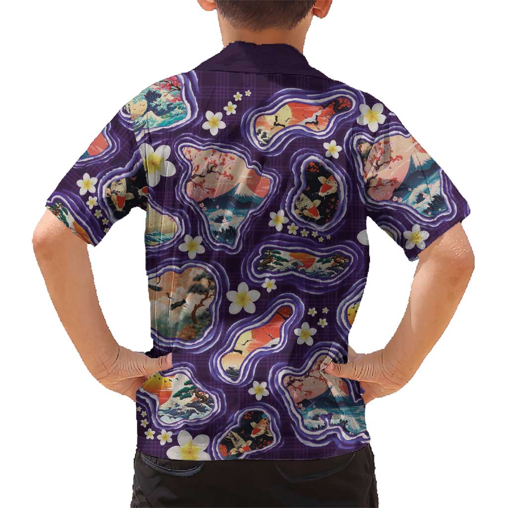 Hawaii Islands Map Design with Japanese Landscape Family Matching Off Shoulder Maxi Dress and Hawaiian Shirt Hawaiian Japan Fusion Art Purple Color LT03 - Polynesian Pride