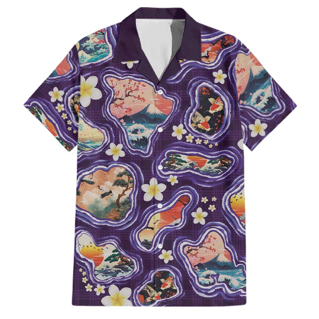 Hawaii Islands Map Design with Japanese Landscape Family Matching Off Shoulder Maxi Dress and Hawaiian Shirt Hawaiian Japan Fusion Art Purple Color LT03 Dad's Shirt - Short Sleeve Purple - Polynesian Pride