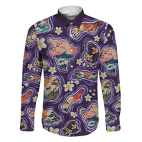 Hawaii Islands Map Design with Japanese Landscape Family Matching Off Shoulder Maxi Dress and Hawaiian Shirt Hawaiian Japan Fusion Art Purple Color LT03 Dad's Shirt - Long Sleeve Purple - Polynesian Pride