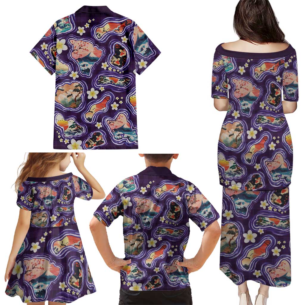 Hawaii Islands Map Design with Japanese Landscape Family Matching Puletasi and Hawaiian Shirt Hawaiian Japan Fusion Art Purple Color LT03 - Polynesian Pride