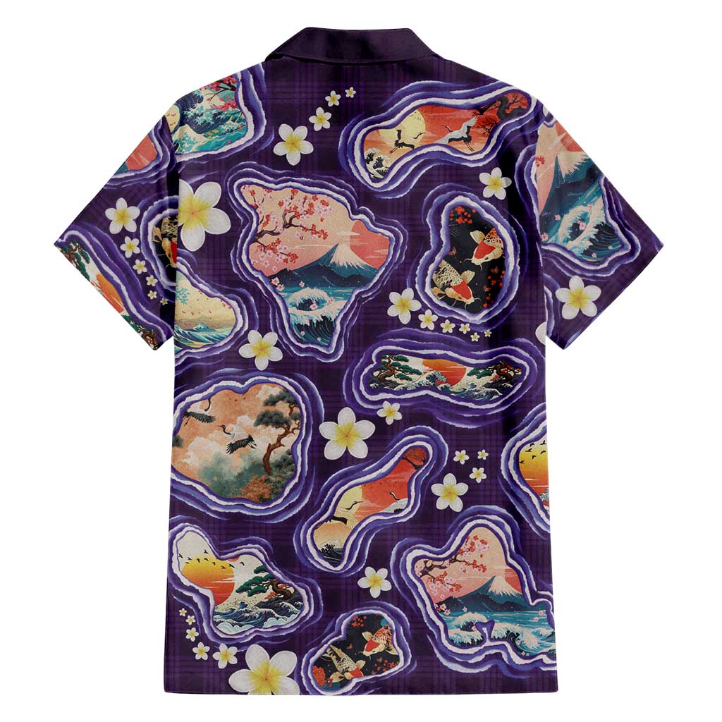 Hawaii Islands Map Design with Japanese Landscape Family Matching Puletasi and Hawaiian Shirt Hawaiian Japan Fusion Art Purple Color LT03 - Polynesian Pride