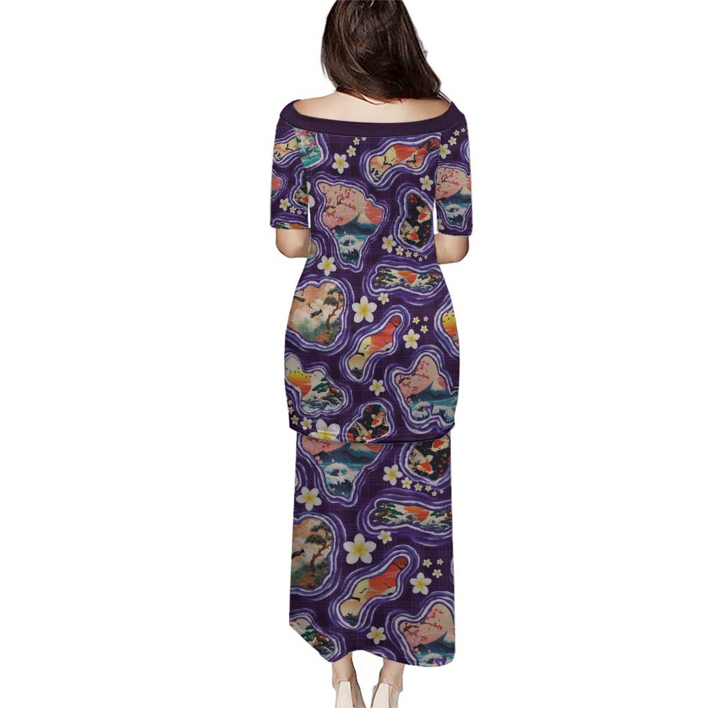 Hawaii Islands Map Design with Japanese Landscape Family Matching Puletasi and Hawaiian Shirt Hawaiian Japan Fusion Art Purple Color LT03 - Polynesian Pride