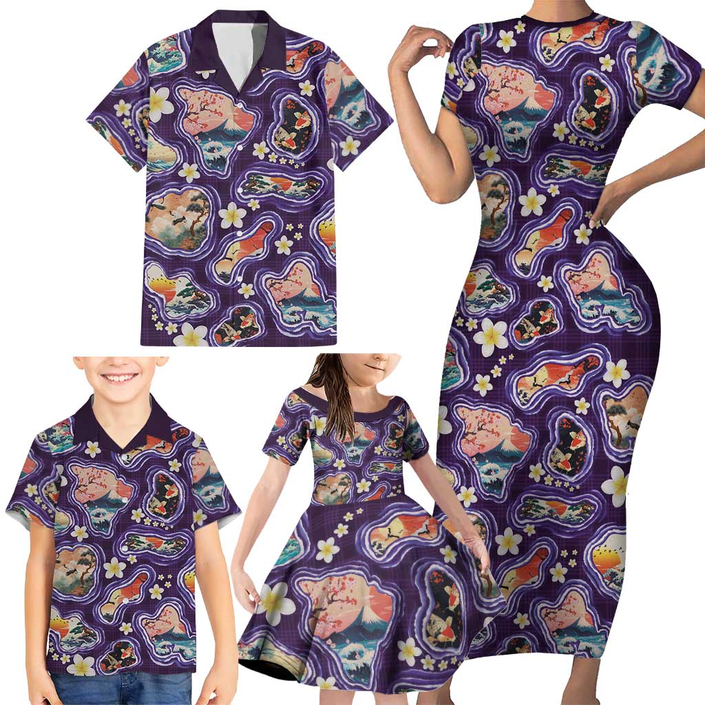 Hawaii Islands Map Design with Japanese Landscape Family Matching Short Sleeve Bodycon Dress and Hawaiian Shirt Hawaiian Japan Fusion Art Purple Color LT03 - Polynesian Pride