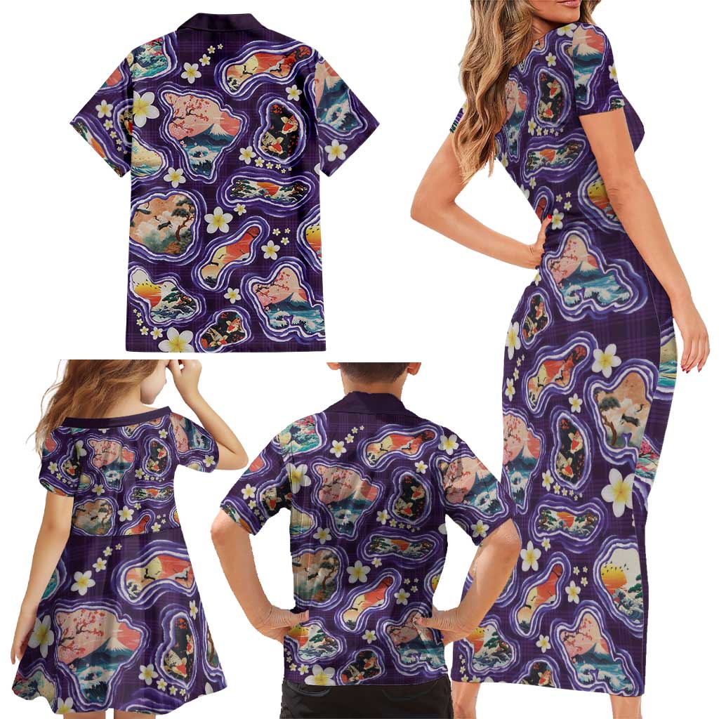 Hawaii Islands Map Design with Japanese Landscape Family Matching Short Sleeve Bodycon Dress and Hawaiian Shirt Hawaiian Japan Fusion Art Purple Color LT03 - Polynesian Pride