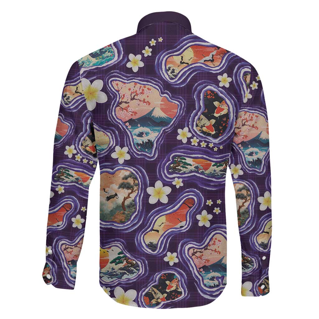 Hawaii Islands Map Design with Japanese Landscape Family Matching Short Sleeve Bodycon Dress and Hawaiian Shirt Hawaiian Japan Fusion Art Purple Color LT03 - Polynesian Pride
