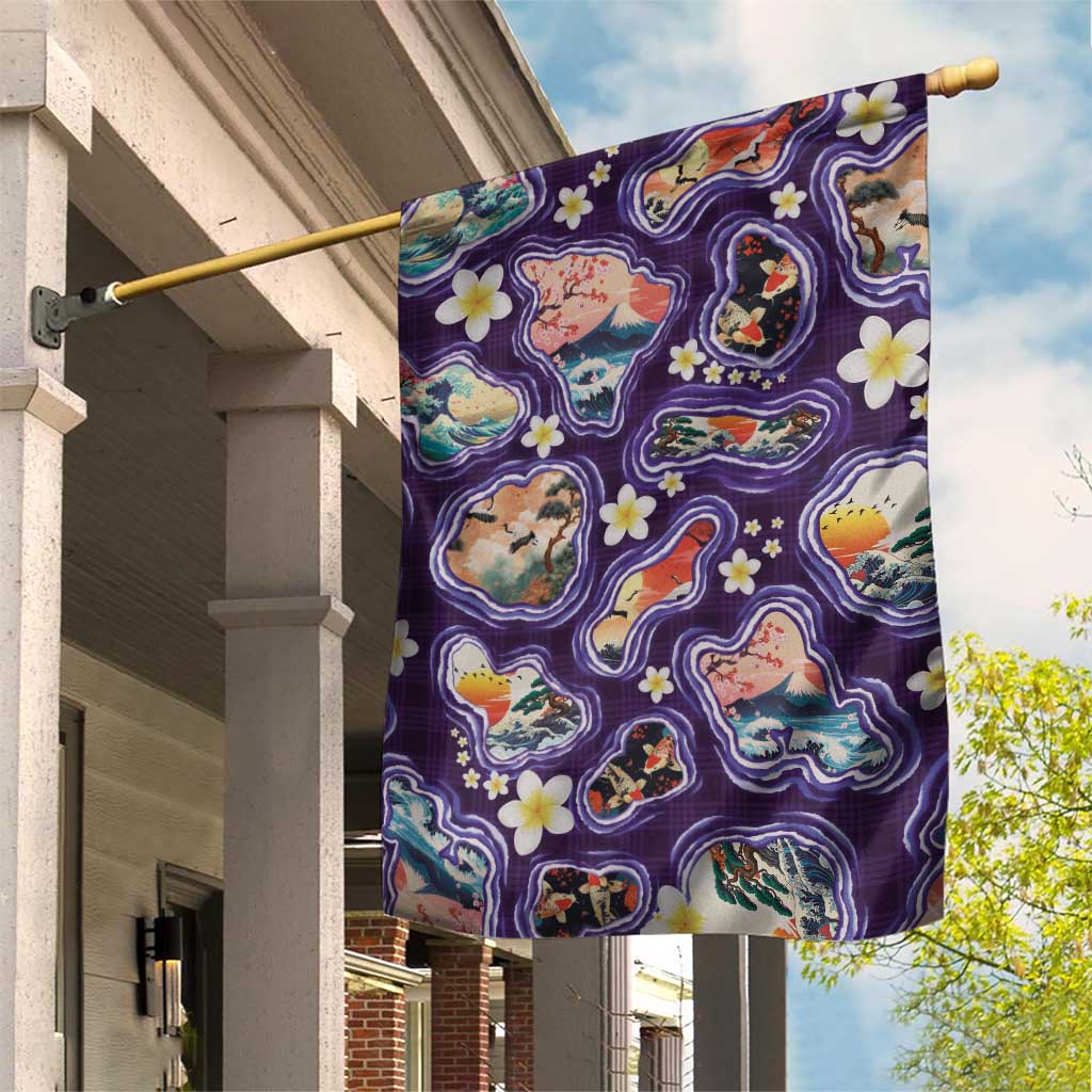 Hawaii Islands Map Design with Japanese Landscape Garden Flag Hawaiian Japan Fusion Art Purple Color LT03 House Flag Purple - Polynesian Pride