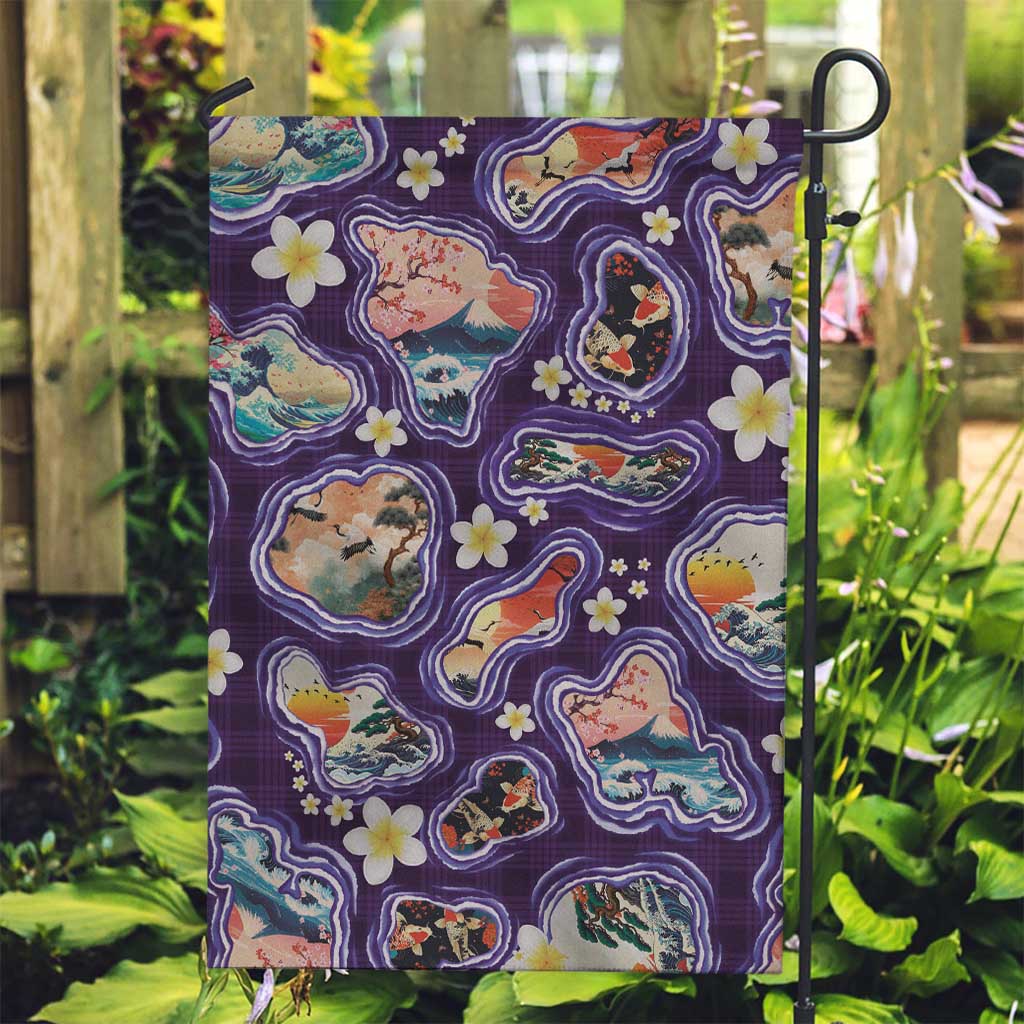Hawaii Islands Map Design with Japanese Landscape Garden Flag Hawaiian Japan Fusion Art Purple Color LT03 Garden Flag Purple - Polynesian Pride