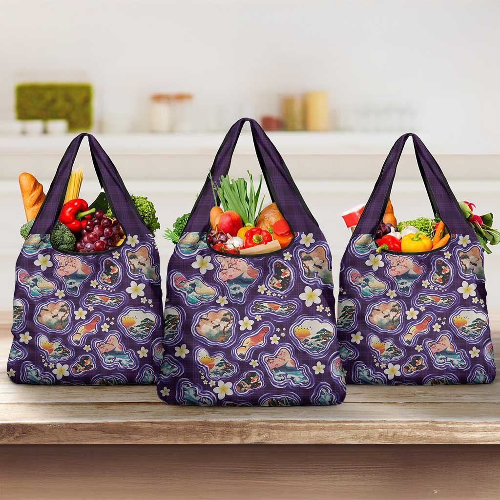 Hawaii Islands Map Design with Japanese Landscape Grocery Bag Hawaiian Japan Fusion Art Purple Color LT03 3-pack One Size Purple - Polynesian Pride