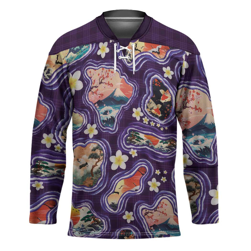 Hawaii Islands Map Design with Japanese Landscape Hockey Jersey Hawaiian Japan Fusion Art Purple Color LT03 Unisex Purple - Polynesian Pride