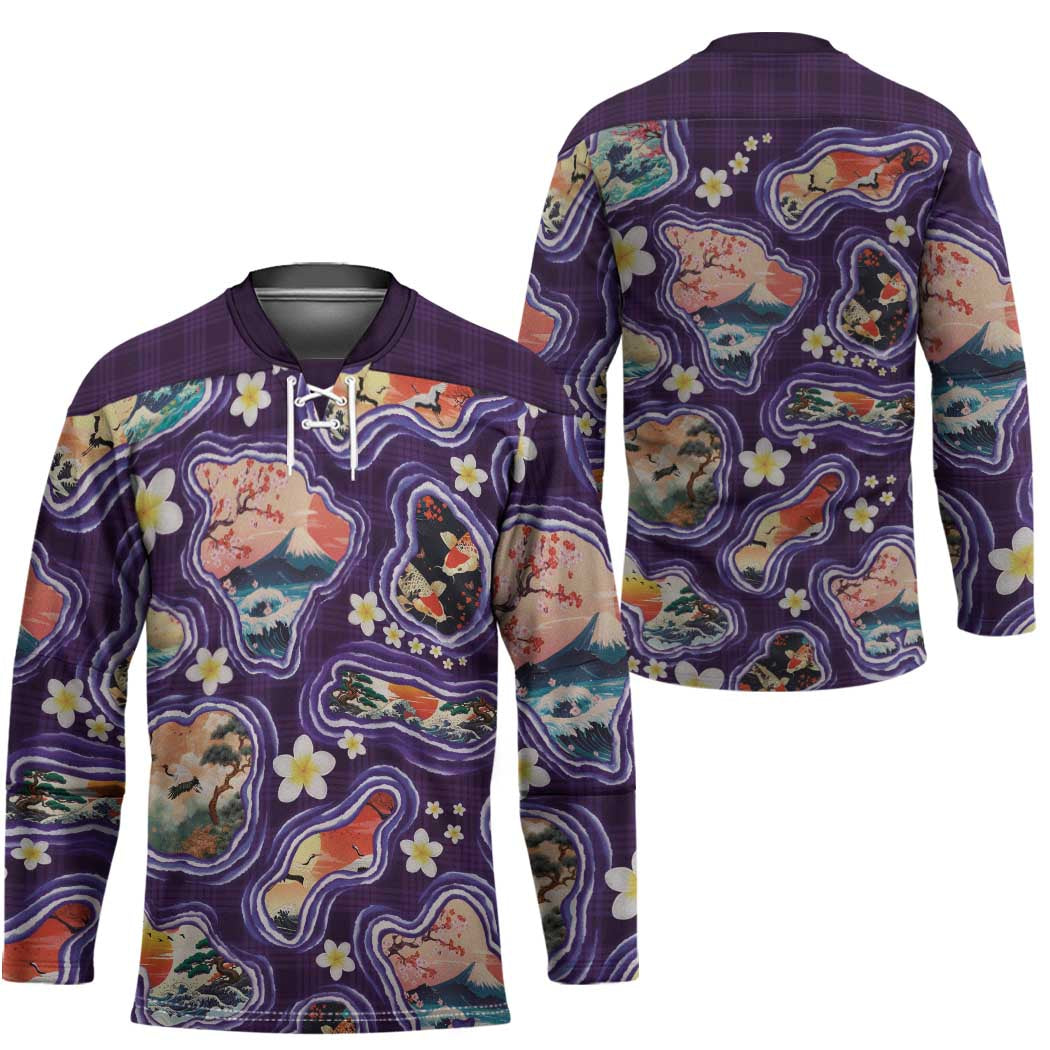 Hawaii Islands Map Design with Japanese Landscape Hockey Jersey Hawaiian Japan Fusion Art Purple Color LT03 - Polynesian Pride