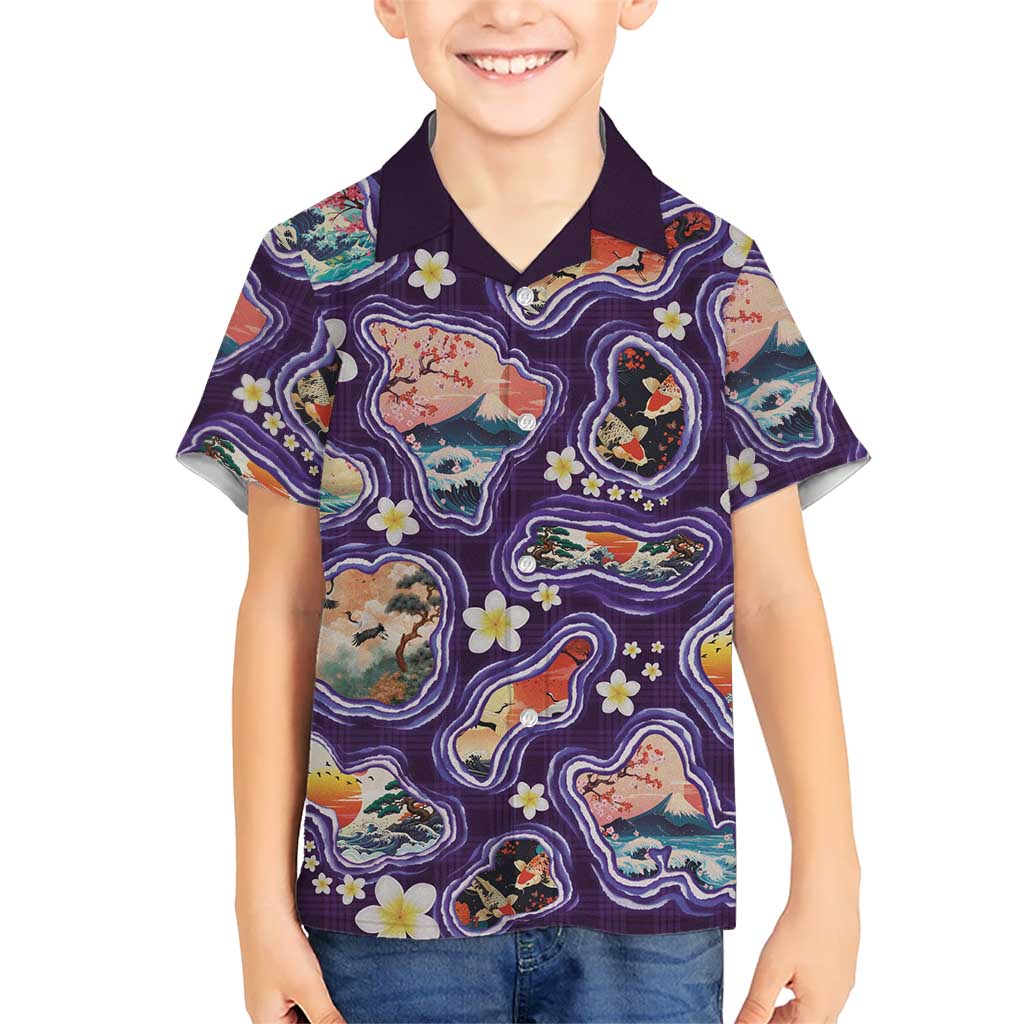 Hawaii Islands Map Design with Japanese Landscape Kid Hawaiian Shirt Hawaiian Japan Fusion Art Purple Color