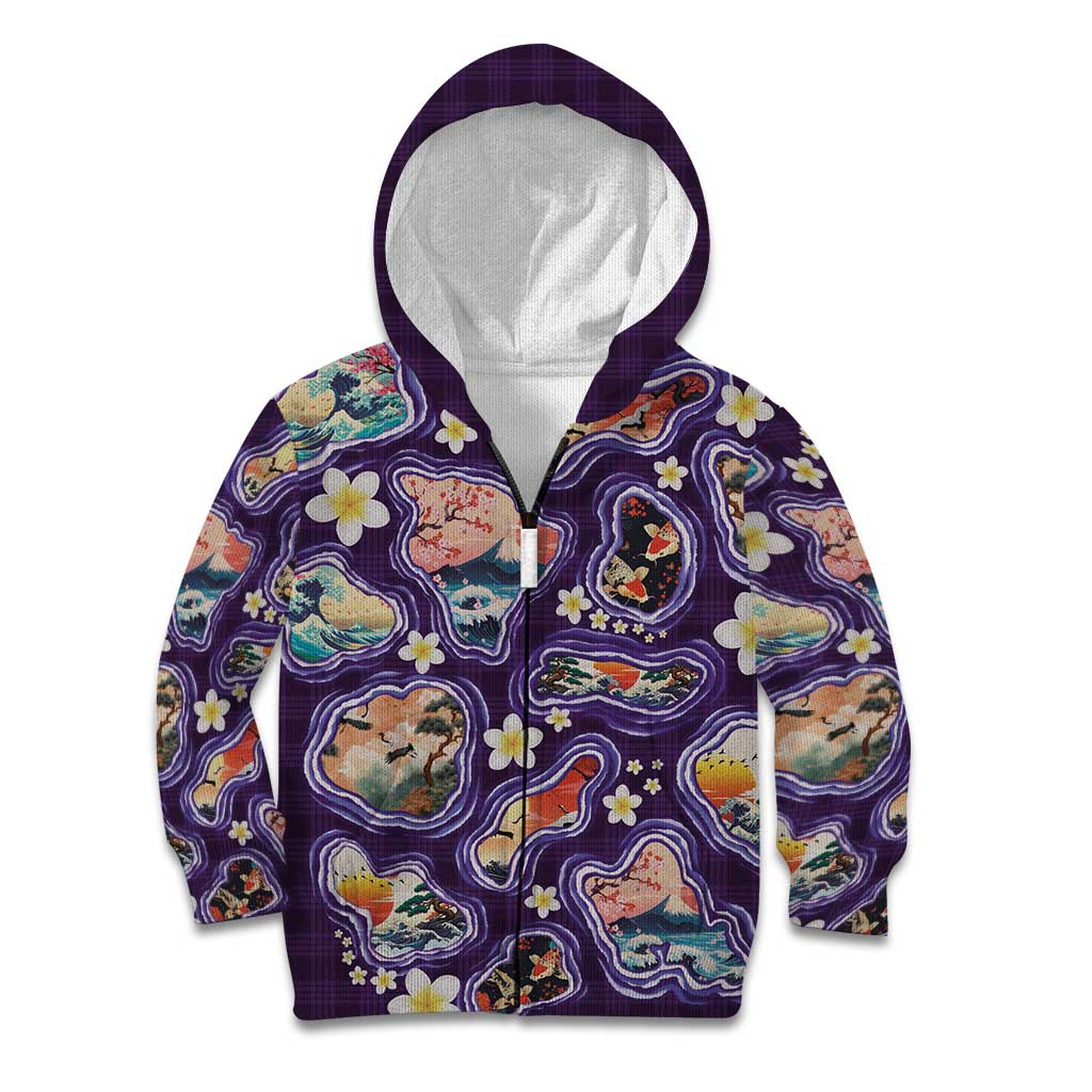Hawaii Islands Map Design with Japanese Landscape Kid Hoodie Hawaiian Japan Fusion Art Purple Color LT03 Zip Hoodie Purple - Polynesian Pride