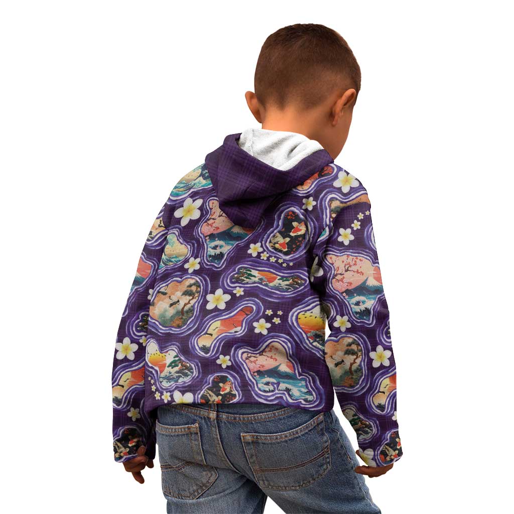 Hawaii Islands Map Design with Japanese Landscape Kid Hoodie Hawaiian Japan Fusion Art Purple Color LT03 - Polynesian Pride