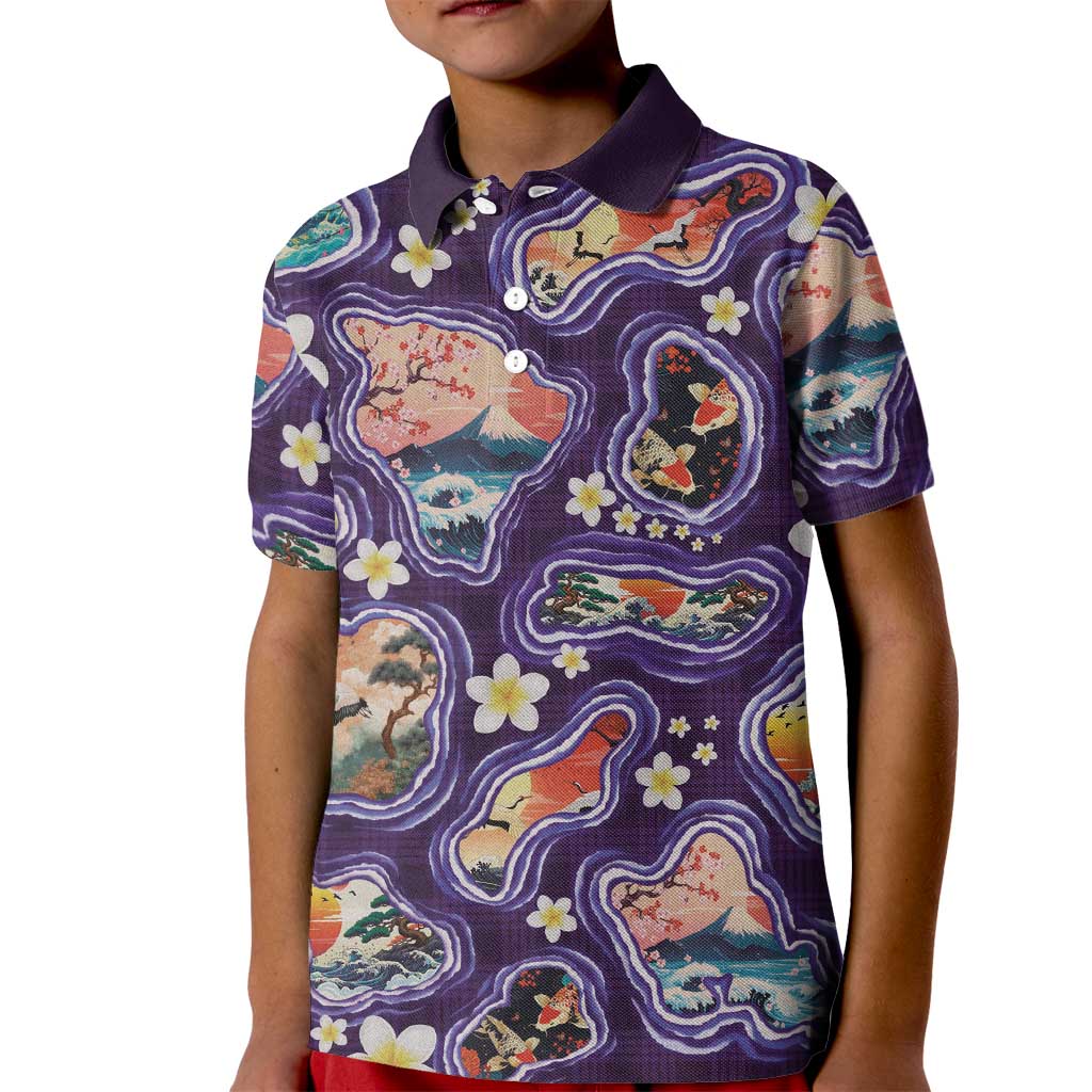 Hawaii Islands Map Design with Japanese Landscape Kid Polo Shirt Hawaiian Japan Fusion Art Purple Color