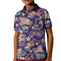 Hawaii Islands Map Design with Japanese Landscape Kid Polo Shirt Hawaiian Japan Fusion Art Purple Color LT03 Kid Purple - Polynesian Pride