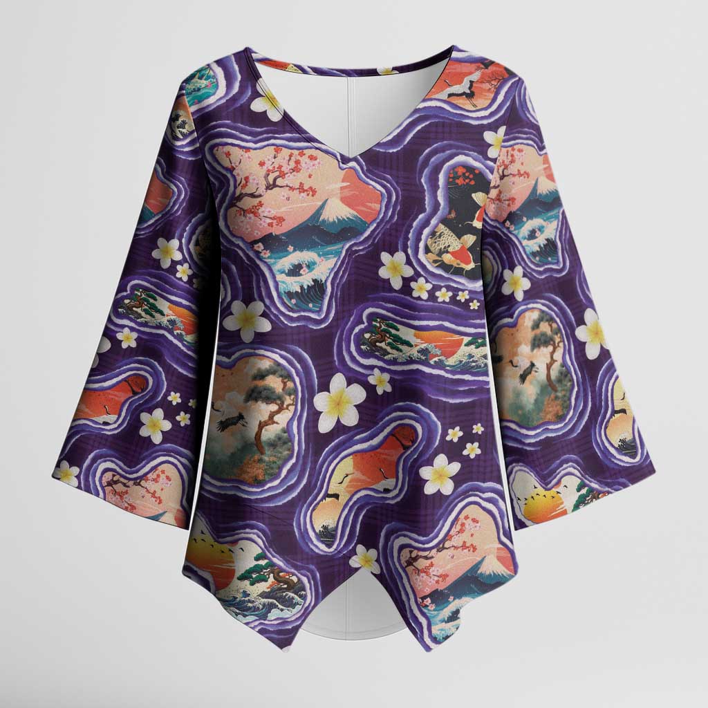 Hawaii Islands Map Design with Japanese Landscape Kimono Sleeve Blouse Hawaiian Japan Fusion Art Purple Color LT03 Female Purple - Polynesian Pride