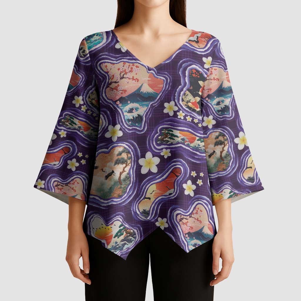 Hawaii Islands Map Design with Japanese Landscape Kimono Sleeve Blouse Hawaiian Japan Fusion Art Purple Color LT03 - Polynesian Pride