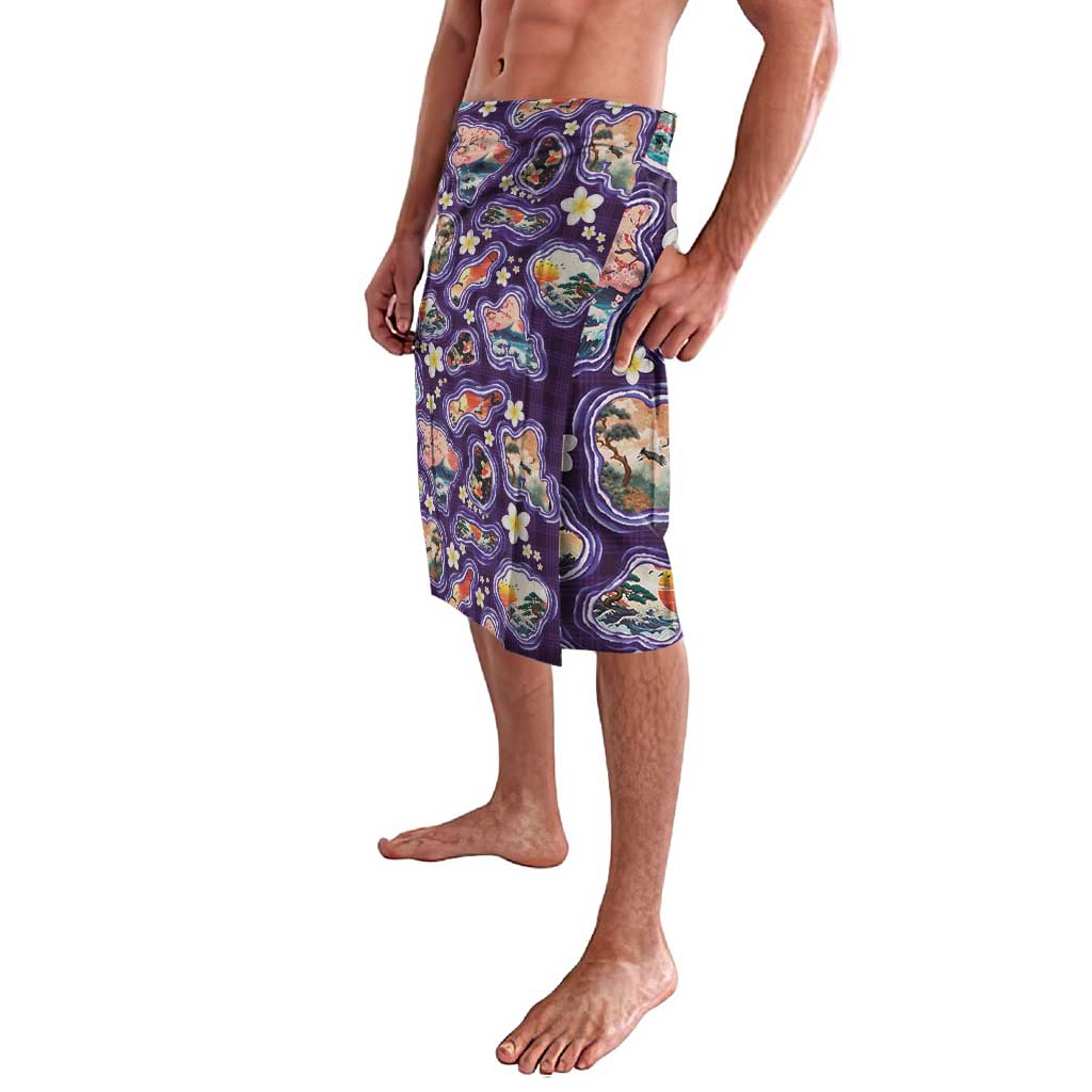 Hawaii Islands Map Design with Japanese Landscape Lavalava Hawaiian Japan Fusion Art Purple Color LT03 - Polynesian Pride