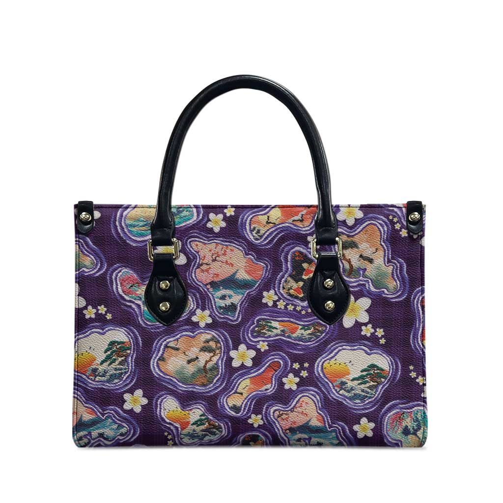Hawaii Islands Map Design with Japanese Landscape Leather Bag Hawaiian Japan Fusion Art Purple Color LT03 - Polynesian Pride