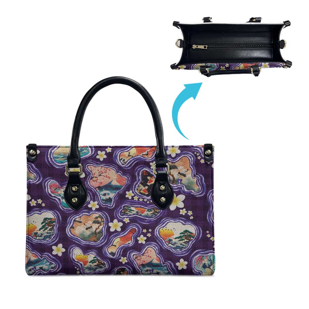 Hawaii Islands Map Design with Japanese Landscape Leather Bag Hawaiian Japan Fusion Art Purple Color LT03 - Polynesian Pride