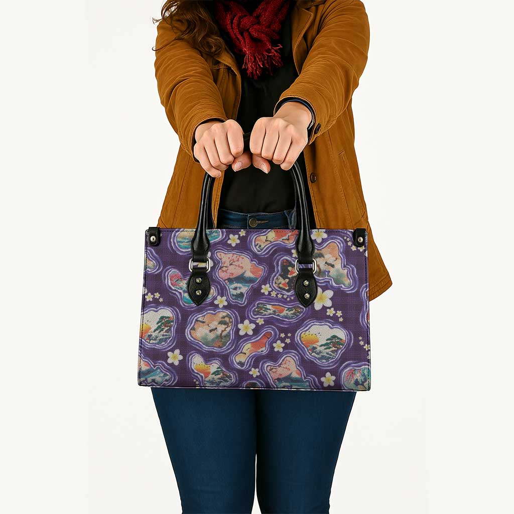 Hawaii Islands Map Design with Japanese Landscape Leather Bag Hawaiian Japan Fusion Art Purple Color LT03 - Polynesian Pride