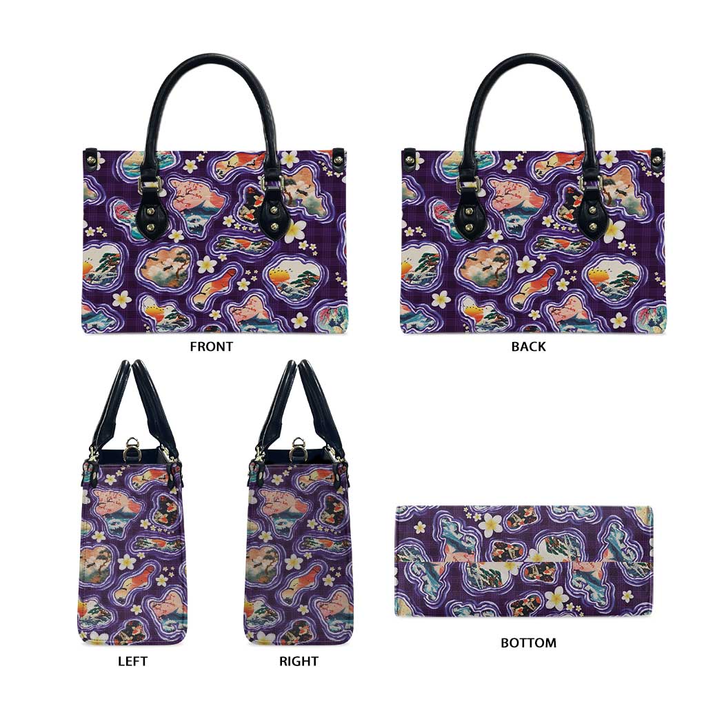 Hawaii Islands Map Design with Japanese Landscape Leather Bag Hawaiian Japan Fusion Art Purple Color LT03 - Polynesian Pride