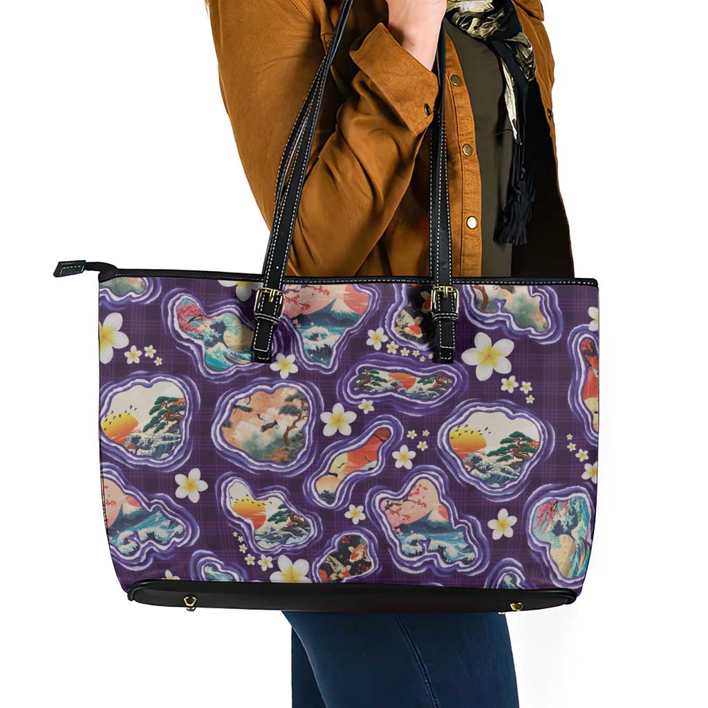 Hawaii Islands Map Design with Japanese Landscape Leather Tote Bag Hawaiian Japan Fusion Art Purple Color LT03 - Polynesian Pride