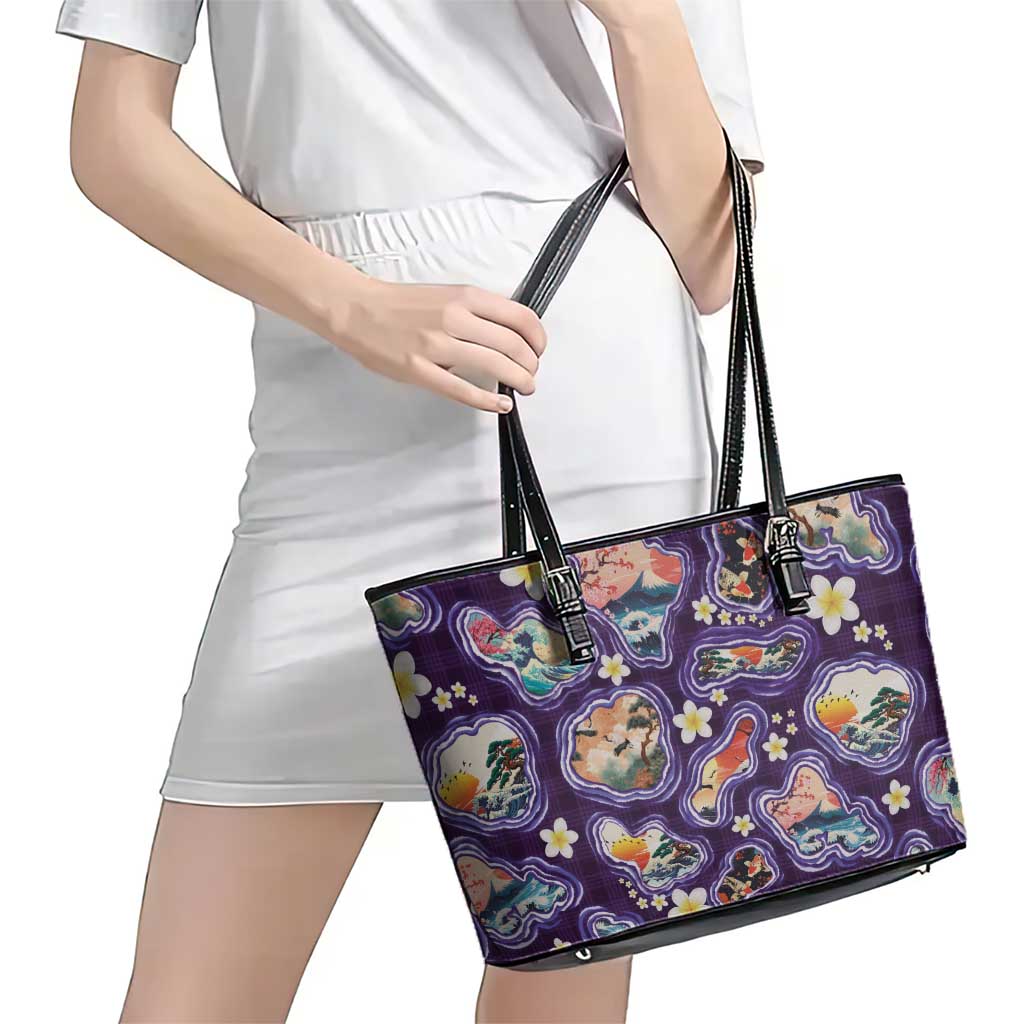Hawaii Islands Map Design with Japanese Landscape Leather Tote Bag Hawaiian Japan Fusion Art Purple Color LT03 - Polynesian Pride