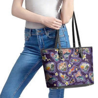 Hawaii Islands Map Design with Japanese Landscape Leather Tote Bag Hawaiian Japan Fusion Art Purple Color LT03 - Polynesian Pride