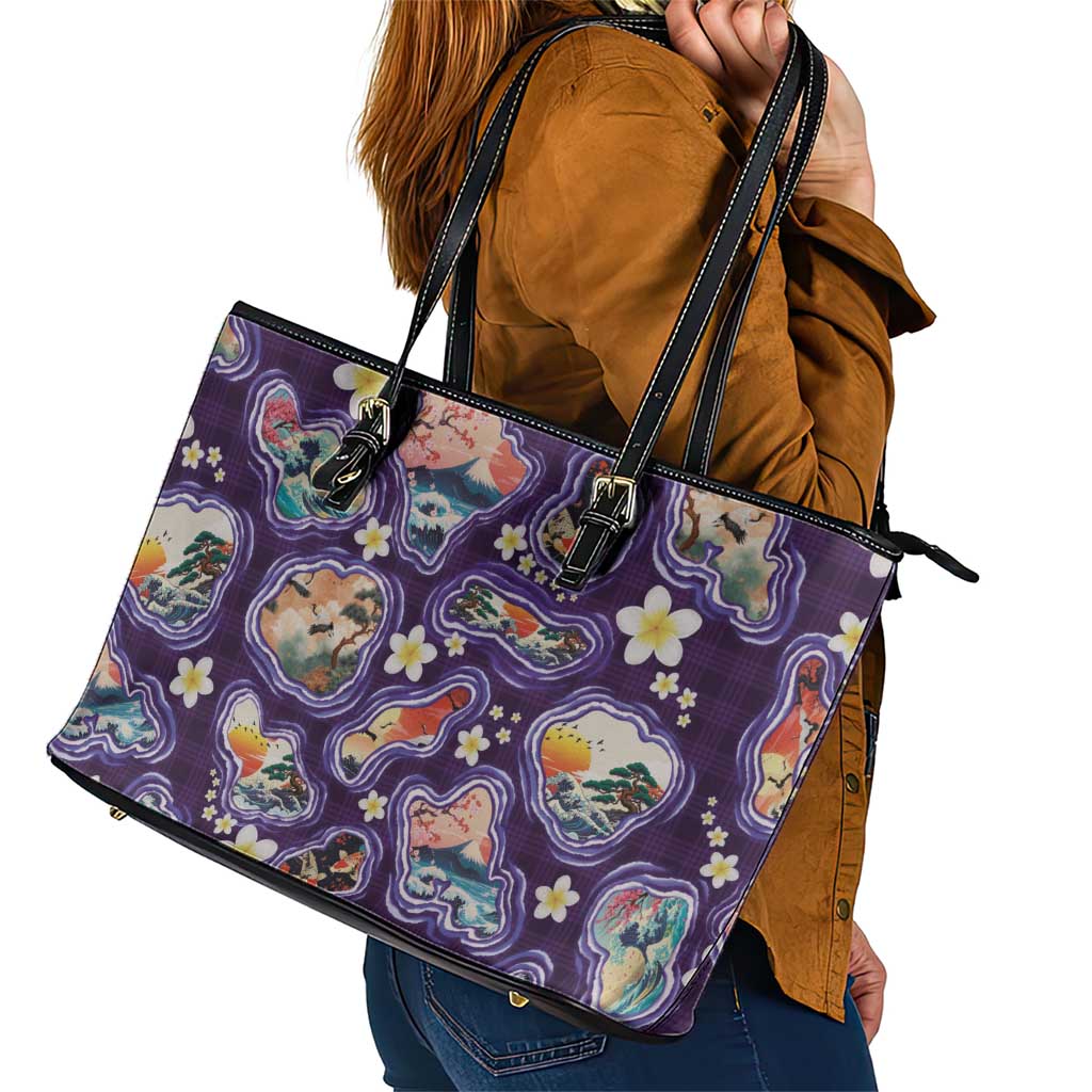 Hawaii Islands Map Design with Japanese Landscape Leather Tote Bag Hawaiian Japan Fusion Art Purple Color LT03 - Polynesian Pride