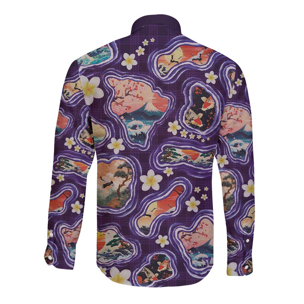 Hawaii Islands Map Design with Japanese Landscape Long Sleeve Button Shirt Hawaiian Japan Fusion Art Purple Color LT03 - Polynesian Pride