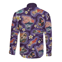 Hawaii Islands Map Design with Japanese Landscape Long Sleeve Button Shirt Hawaiian Japan Fusion Art Purple Color LT03 - Polynesian Pride