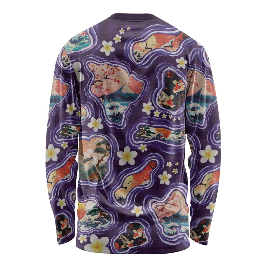Hawaii Islands Map Design with Japanese Landscape Long Sleeve Shirt Hawaiian Japan Fusion Art Purple Color LT03 - Polynesian Pride