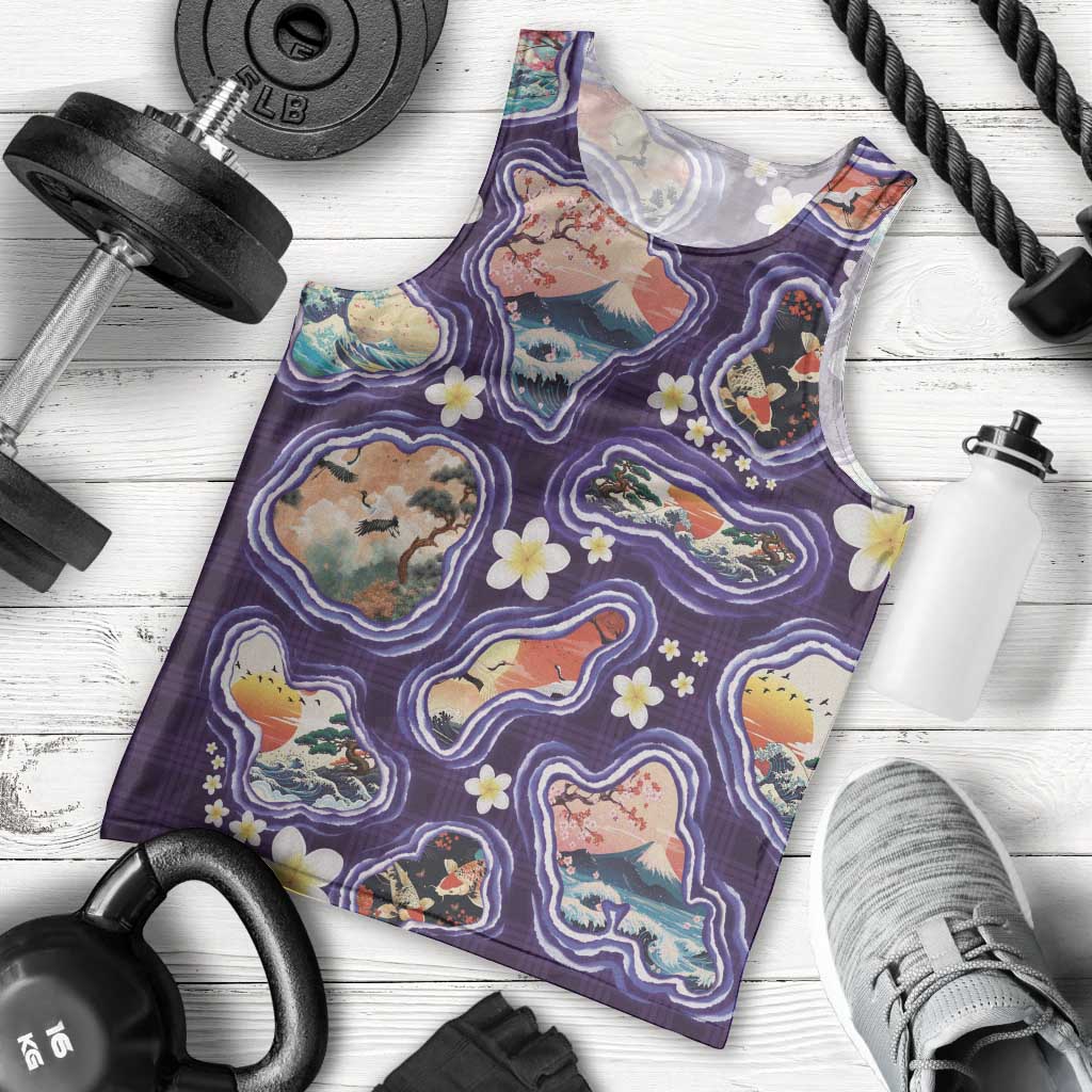 Hawaii Islands Map Design with Japanese Landscape Men Tank Top Hawaiian Japan Fusion Art Purple Color LT03 - Polynesian Pride